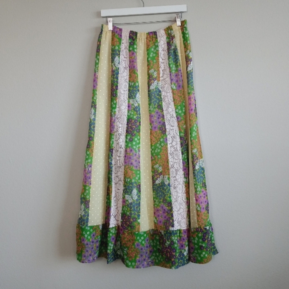 Vintage 70's Chessa Davis Bias Patchwork Lace Crochet Maxi Skirt